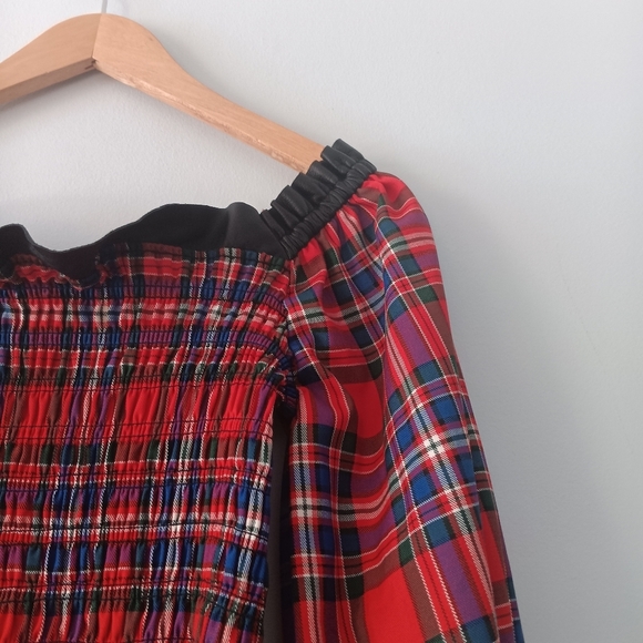 Tanya Taylor Red Plaid Smocked Peplum Cropped Blouse Leather Trim Size 2 - Picture 5 of 11
